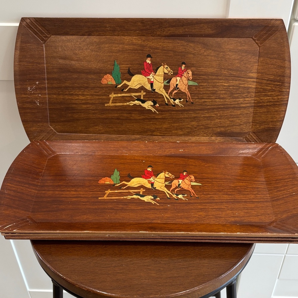 Vintage 1950’s Hasko Haskelite Wooden Trays “The Fox Hunt” Set of 5